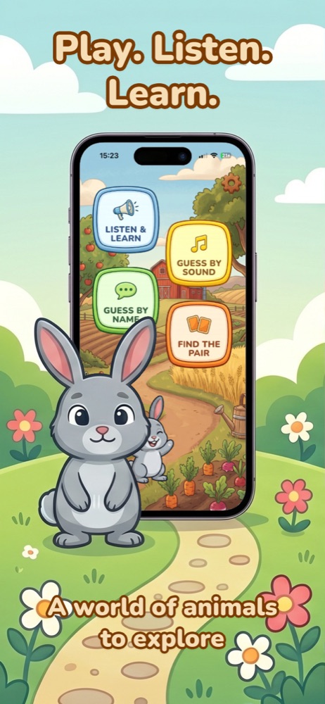 Animallo home screen with the bunny mascot and four game modes
