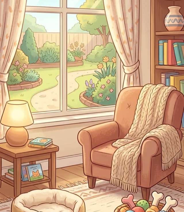 Illustrated pets world, a cozy living room